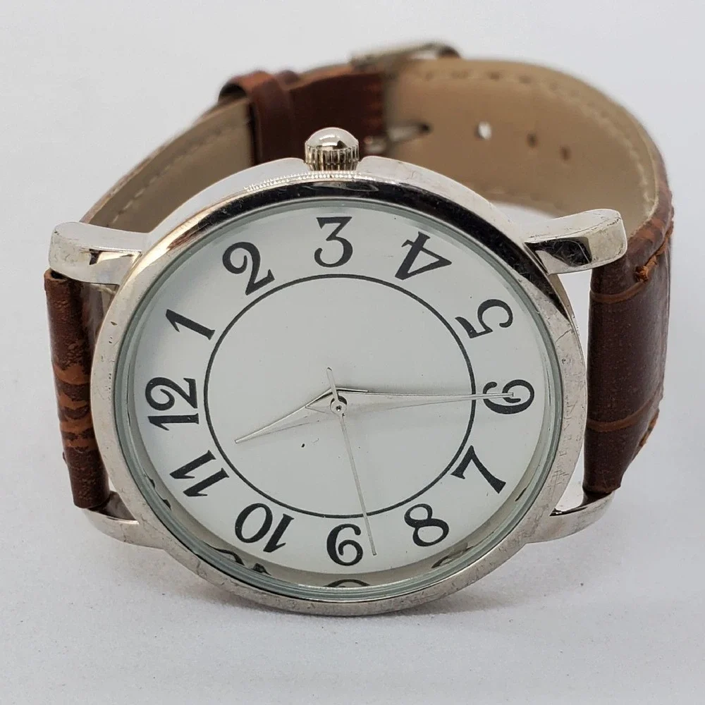 Women's Watch 34MM White Dial Gray Case Brown‎ Leather Bands New Battery